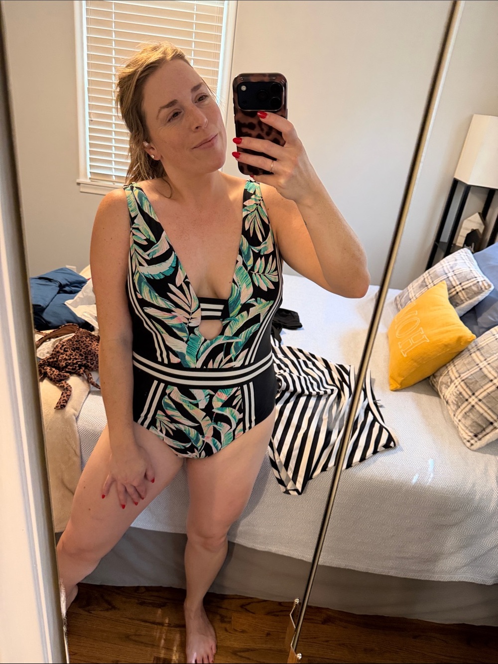 Black One-Piece Swimsuit with Green Leaf Print